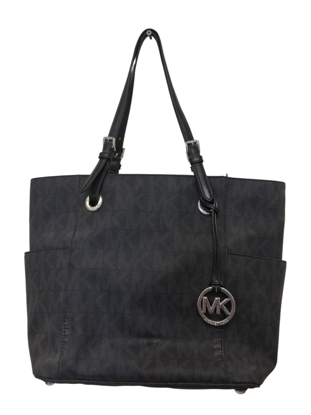 1582 Michael Kors Black MK Monogram Tote with Silver Hardware